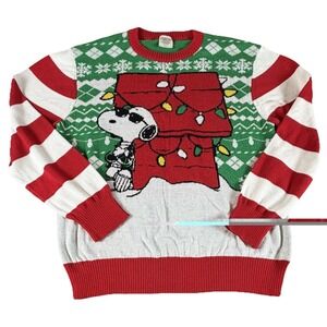 Peanuts Sweater Mens 2XL Multicolor Snoopy Christmas Doghouse Knit Holiday